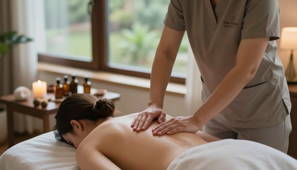 A professional sports massage therapy session in a serene wellness environment, showcasing a massage therapist in modest, professional attire applying techniques to a fully clothed client. In the foreground, the therapist's skilled hands are gently working on the client's upper back, highlighting the therapeutic aspect of sports massage. The middle ground features essential oils and massage tools artfully arranged on a nearby table. Soft ambient lighting enhances the calming atmosphere, while a large window in the background reveals a tranquil outdoor view with greenery. The mood is soothing and restorative, emphasizing the benefits of sports massage therapy. The brand name "Butik Masaj Salonu" is subtly integrated into the scene.