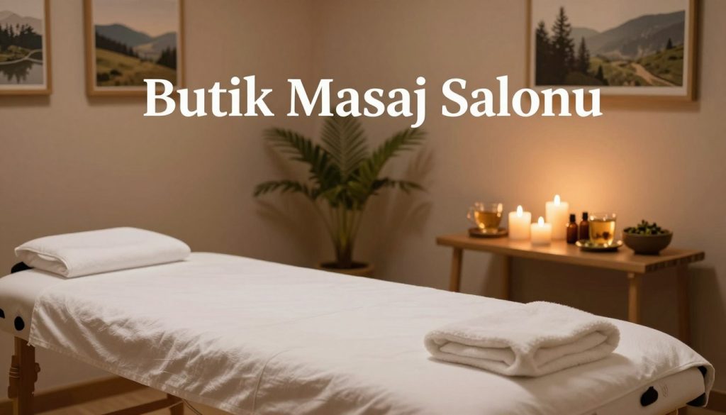 A serene and calming massage therapy environment, designed for relaxation. In the foreground, a well-decorated massage room featuring a soft, dimly-lit atmosphere with candles emitting a warm glow. A cozy massage table adorned with a fresh, white linen. In the middle, a small table with essential oils and calming herbal teas, adding to the soothing ambiance. The background reveals soft, earthy-toned walls with framed natural landscapes, and gentle plants that enhance the tranquil mood. Soft, diffuse lighting creates a peaceful atmosphere, inviting individuals in search of wellness. Capture the essence of "Butik Masaj Salonu" prominently in the image, ensuring it portrays a welcoming space for clients seeking relaxation and rejuvenation. The overall composition should resonate with a sense of comfort and peace.