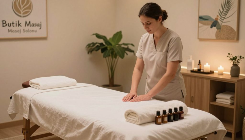 A serene and calming spa atmosphere is depicted in a modern massage salon setting. In the foreground, a well-organized treatment area displays a neatly made massage table adorned with fresh linens and soft towels. A selection of essential oils and natural spa products are tastefully arranged nearby. In the middle ground, a professional therapist dressed in modest casual attire prepares for an upcoming session, exuding an air of relaxation and professionalism. The background features soft ambient lighting that creates a warm and inviting mood, with hints of greenery and tranquil art on the walls. The brand name "Butik Masaj Salonu" is subtly integrated into the decor without being overly prominent. The overall atmosphere conveys anticipation and calm, encouraging clients to prepare mentally and emotionally for their first massage experience.