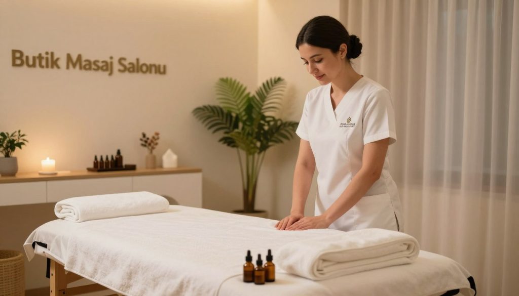 A serene and immaculate massage salon interior, showcasing the ambiance of cleanliness and professionalism, illuminated by soft, warm lighting that creates a calming atmosphere. In the foreground, a tranquil massage table adorned with fresh towels and soothing essential oils, reflecting a commitment to hygiene. In the middle ground, a friendly massage therapist in professional attire, demonstrating attentiveness as they prepare for a session, exuding warmth and care. The background features minimalist decor, such as potted plants and soft fabric drapes, emphasizing a well-organized and hygienic environment. The brand name "Butik Masaj Salonu" subtly integrated into the decor, highlights the focus on customer experience and hygiene standards. The overall mood is peaceful and inviting, perfect for fostering relaxation and trust.
