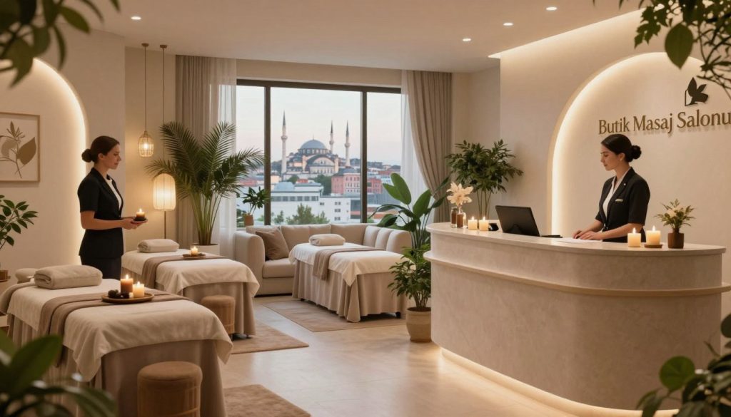 A serene and inviting boutique spa interior featuring elegant décor that exudes tranquility. In the foreground, a stylish reception desk with a well-dressed staff member in professional attire greeting clients. The middle ground showcases cozy treatment rooms adorned with soft, dim lighting and plush furnishings, with scented candles and calming plants enhancing the atmosphere. In the background, large windows reveal a picturesque view of Istanbul's iconic skyline, blending the urban and peaceful. The overall mood is calming and luxurious, ideal for a spa experience. Soft, ambient lighting enhances the inviting feel, while natural elements make the space feel organic and holistic. The brand name "Butik Masaj Salonu" is subtly incorporated into the spa design.