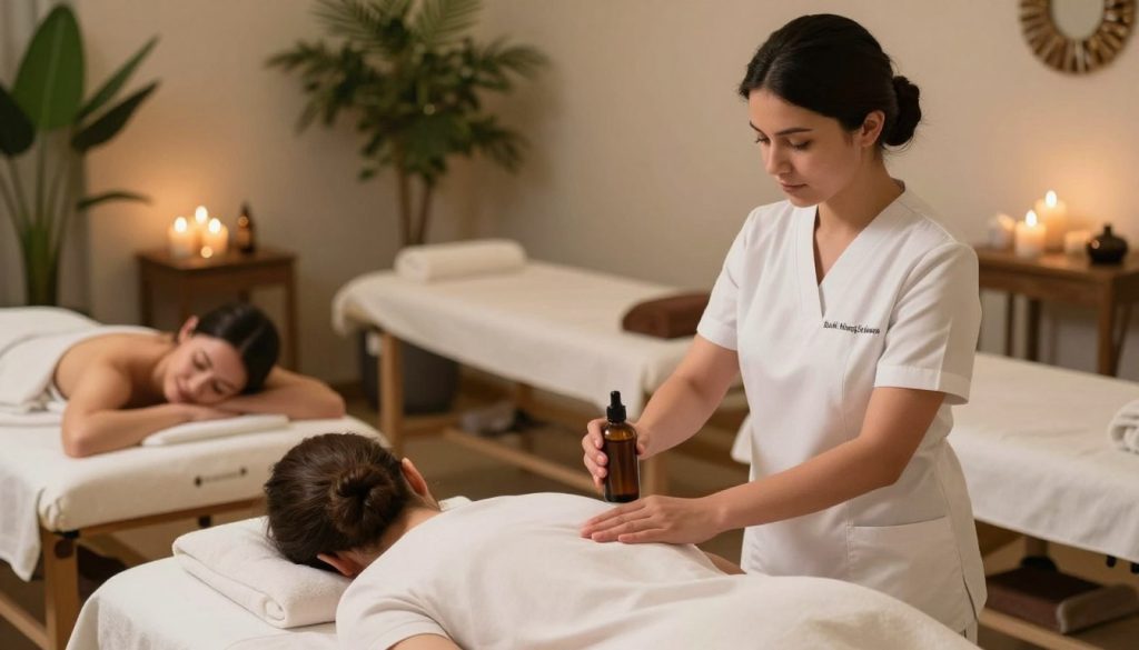 A serene and inviting interior of a boutique massage salon, showcasing various massage therapy techniques. In the foreground, a therapist in a crisp, professional uniform gently offers aromatherapy oils to a client, both appearing relaxed and content. In the middle ground, several massage therapy stations are adorned with calming decor, scented candles, and soft towels, creating a peaceful atmosphere. The background features lush greenery and soft lighting that casts a warm glow, enhancing the tranquil mood. The image embodies a sense of relaxation and rejuvenation, perfect for illustrating the diverse types of therapies available at "Butik Masaj Salonu". Use a soft focus lens to emphasize warmth and depth, capturing the essence of a rejuvenating spa experience.