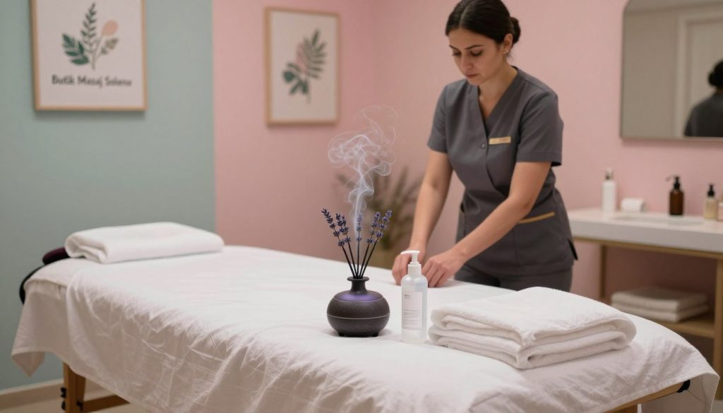 A serene and inviting interior of a budget-friendly spa called "Butik Masaj Salonu." In the foreground, a neatly arranged massage table with fresh white linens, an aromatic diffuser emitting soft wisps of lavender, and a bottle of hand sanitizer. In the middle ground, a staff member dressed in smart, modest professional attire is preparing a treatment room, ensuring cleanliness and hygiene standards. The background features calming pastel-colored walls adorned with relaxing artwork, and soft dim lighting that creates a warm, tranquil atmosphere. The overall mood is peaceful yet slightly uneasy, reflecting the hidden risks of selecting a budget spa. The composition should emphasize the contrast between comfort and potential concerns related to hygiene standards.