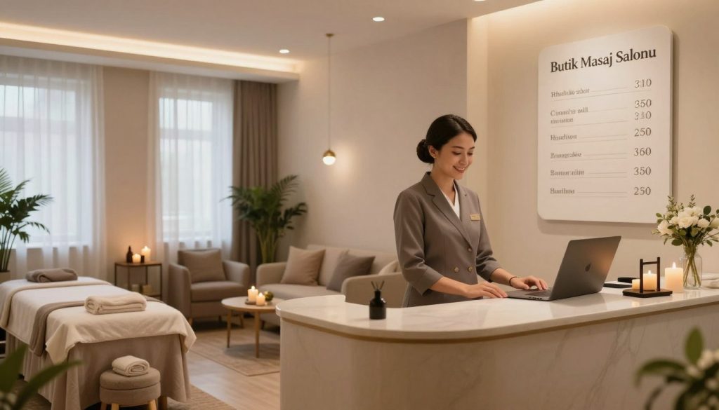 A serene and inviting interior of a massage salon named "Butik Masaj Salonu." In the foreground, an elegantly designed reception area featuring a stylish desk, soft lighting, and tasteful decor, with a friendly receptionist in professional attire smiling at clients. The middle of the image showcases a cozy massage room with soothing colors, soft towels, and calming candles on a shelf. In the background, a glimpse of a relaxation area with comfortable seating, plants, and ambient light filtering through sheer curtains, creating a tranquil atmosphere. The overall mood is serene and welcoming, designed to entice prospective clients while visibly displaying various pricing options on a chic board without any text, ensuring a focus on the overall aesthetic and ambiance of a quality massage salon.