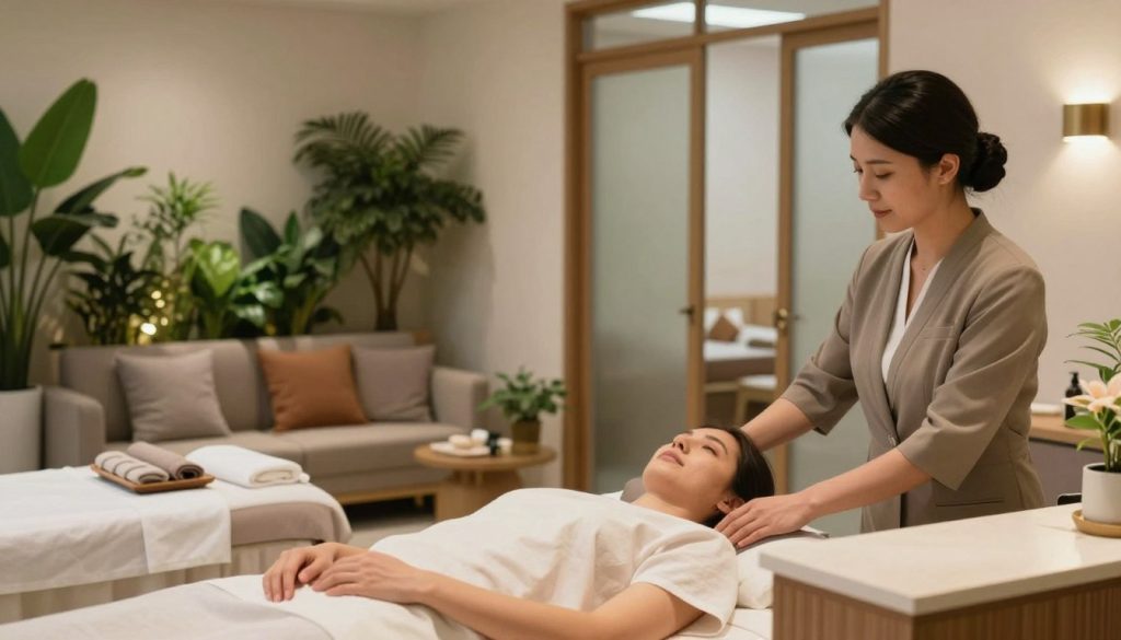 A serene and inviting interior of a massage therapy appointment setting at "Butik Masaj Salonu." In the foreground, a well-dressed receptionist sits behind a stylish desk, warmly welcoming a client who appears relaxed and curious. The middle ground reveals a cozy waiting area featuring lush greenery, soothing colors, and soft lighting, enhancing the calming atmosphere. A faint glimpse of treatment rooms can be seen through frosted glass doors in the background, suggesting professionalism and privacy. Utilize soft, natural lighting to cast gentle shadows and create a tranquil vibe. The overall mood is welcoming and peaceful, ideal for illustrating the expectations one might encounter during a massage appointment. The scene should be elegantly composed without any text or distractions.