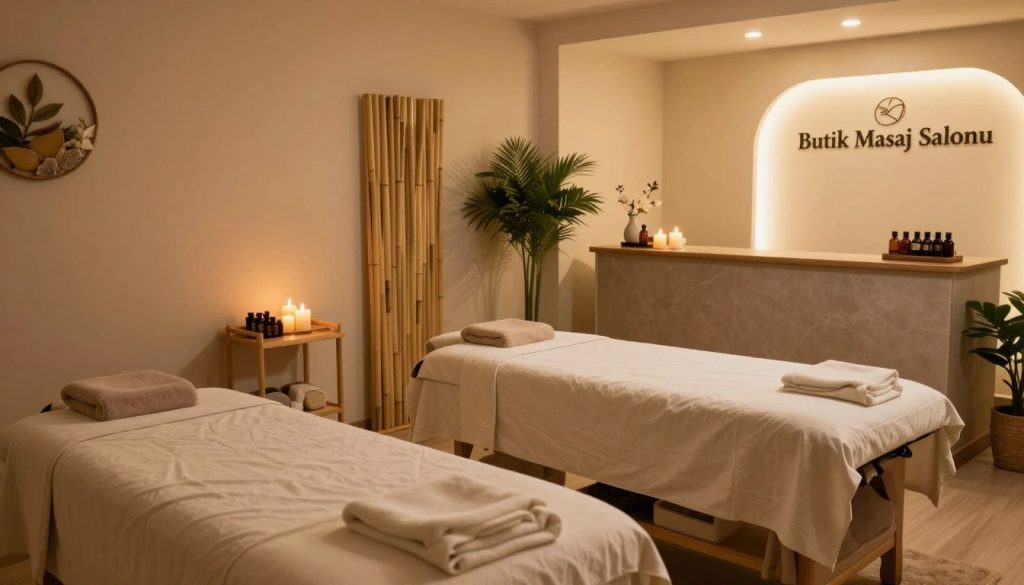 A serene and inviting massage salon atmosphere design, showcasing a warm and relaxing ambiance. In the foreground, plush massage tables adorned with soft linens and aromatic candles create a tranquil space. The middle ground features soothing wall colors and natural elements like bamboo and indoor plants, enhancing the calming vibe. The background reveals a softly lit reception area with elegant decor, including essential oil displays and gentle lighting that casts a warm glow throughout the salon. The mood is peaceful and rejuvenating, inviting clients to unwind. Highlight the salon's branding as "Butik Masaj Salonu" subtly integrated into the decor. The lighting is soft and diffused, captured from a slightly elevated angle to provide a comprehensive view of the serene environment. Safe for work and devoid of any text or watermarks.
