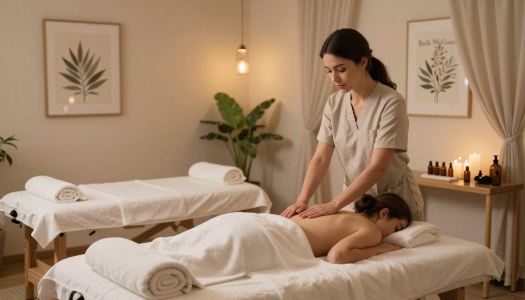 A serene and inviting massage salon, featuring a spacious treatment room with soft, ambient lighting casting a warm glow. In the foreground, a professional therapist in modest casual clothing is interacting with a client, demonstrating effective communication techniques, such as eye contact and attentive body language. The middle ground showcases a beautifully arranged massage table adorned with fluffy towels and calming essential oils. In the background, elegant decor including soothing artwork, plants, and soft drapery enhances the tranquil setting. Capture the essence of effective communication in the massage therapy environment, reflecting the importance of connection. The brand name "Butik Masaj Salonu" is subtly integrated into the decor, ensuring a cohesive look. The overall atmosphere is calm and professional, evoking a sense of comfort and trust.