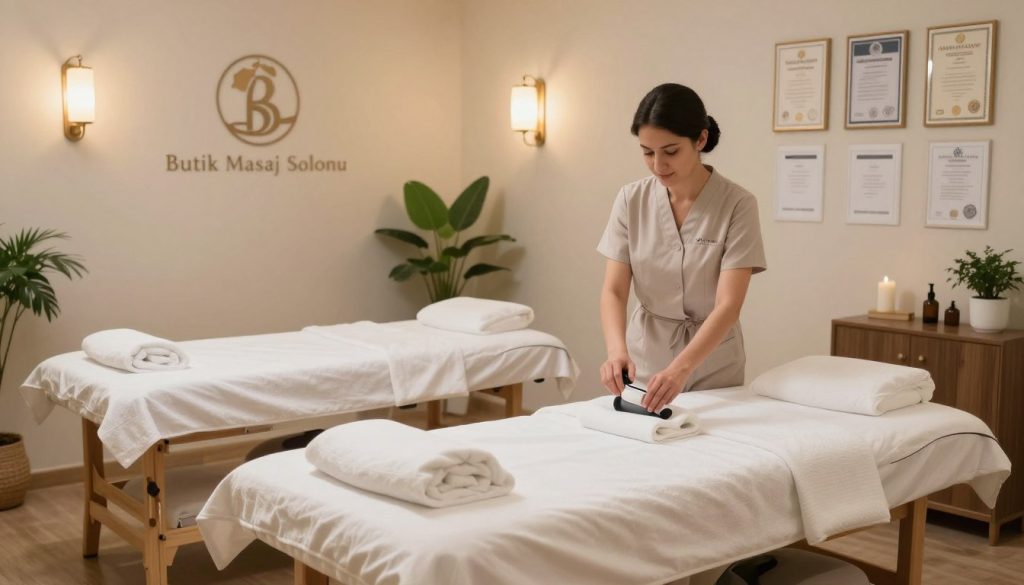 A serene and inviting massage salon interior, emphasizing hygiene standards, featuring immaculate treatment rooms with neatly arranged massage tables and fresh linens. In the foreground, a professional massage therapist wearing modest attire meticulously sanitizes equipment, embodying cleanliness and care. The middle ground showcases calming decor with soothing colors, potted plants, and soft ambient lighting emanating from elegant fixtures, enhancing the tranquil atmosphere. In the background, a wall displays certificates and hygiene compliance badges, reinforcing trust. The overall mood is peaceful and professional, perfect for illustrating the importance of hygiene in choosing a massage salon. Include the brand name "Butik Masaj Salonu" subtly in the decor to reflect a quality establishment.
