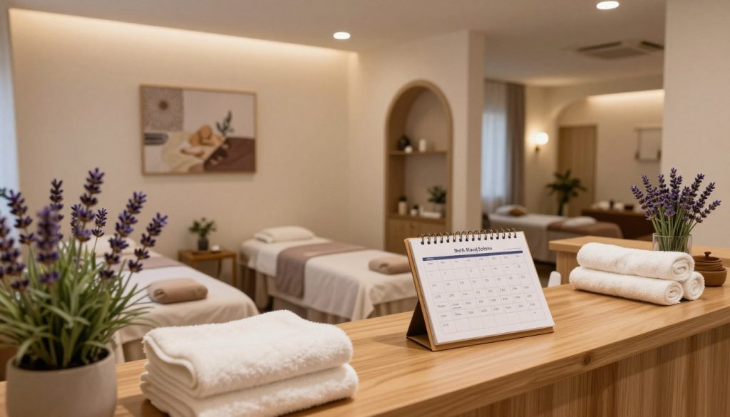 A serene and inviting massage salon interior, featuring a beautifully arranged reception area with a wooden desk displaying a schedule of appointment times and various types of massages offered. In the foreground, a soothing lavender plant and neatly stacked towels create a calming atmosphere. The middle ground showcases an elegant waiting area with comfortable seating, soft ambient lighting, and decorative wall art related to relaxation. The background features tranquil massage rooms with dim lighting, inviting decor, and soft textures to enhance the sense of peace. The overall mood is warm and inviting, promoting relaxation and wellness. Incorporate the brand name "Butik Masaj Salonu" subtly on the reception desk. Use a wide-angle lens to capture the entire scene, highlighting the cleanliness and professionalism of the environment.