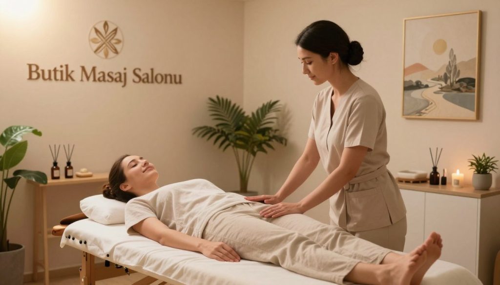 A serene and inviting massage salon interior, featuring a softly lit ambiance with warm, earthy tones. In the foreground, a satisfied customer in modest casual attire sits comfortably on a massage table, interacting with a professional masseuse, who is wearing elegant, professional clothing. The background showcases calming decor with potted plants, essential oil diffusers, and tranquil art pieces that convey a sense of relaxation and peace. The lighting is soft and warm, creating an atmosphere of comfort and satisfaction, while a subtle lens flare adds depth to the image. Include the brand name "Butik Masaj Salonu" displayed elegantly on a wall. Focus on expressing a sense of trust and well-being within the space, emphasizing customer satisfaction and choice in a massage salon.