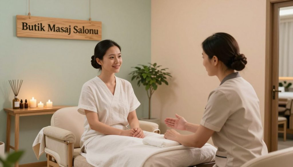A serene and inviting massage salon interior, showcasing a calm ambiance. In the foreground, a massage therapist dressed in professional attire is communicating thoughtfully with a client seated comfortably in a plush chair, both displaying positive body language. In the middle ground, soft candles flicker gently, and elegant aromatherapy oils are arranged neatly on a wooden table, enhancing the tranquil atmosphere. The background features soothing pastel colors on the walls and soft, diffused lighting that creates a warm glow. Natural elements like indoor plants subtly add to the serenity. The salon's name, "Butik Masaj Salonu," is presented on a tasteful wooden sign hanging near the entrance, symbolizing elegance and professionalism. The overall mood is peaceful and welcoming, inviting a sense of relaxation and trust.