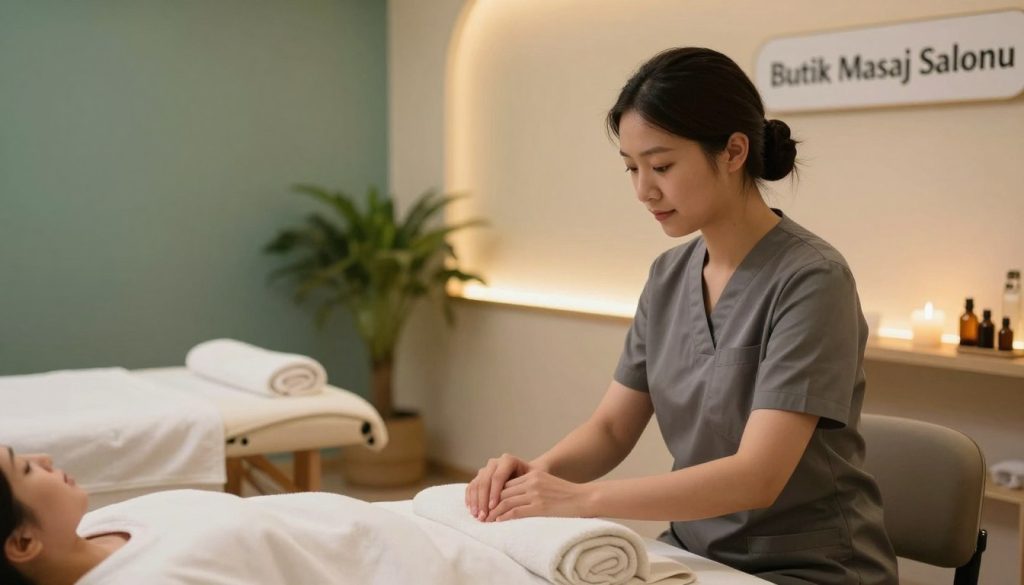 A serene and inviting massage salon interior, showcasing professional communication and ambiance. In the foreground, a therapist, dressed in smart casual attire, engages with a client in a warm and professional manner, displaying empathy and attentiveness. The middle layer features a beautifully arranged massage table with calming elements like soft towels and essential oils. The background is softly lit, illuminated by warm, diffuse lighting that creates a tranquil atmosphere, accentuated by plants and soothing colors on the walls. A subtle sign reads "Butik Masaj Salonu," integrating seamlessly into the design. Overall, the mood is one of professionalism, comfort, and serene communication, emphasizing the importance of dialogue in a massage therapy experience.
