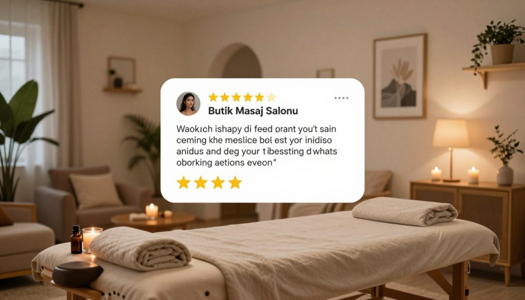 A serene and inviting massage salon interior titled "Butik Masaj Salonu," showcasing a cozy atmosphere for analyzing customer reviews. In the foreground, a wooden massage table draped with soft, neutral-toned linens, surrounded by scented candles and essential oils, reflects tranquility. In the middle space, a wall adorned with framed customer review excerpts, emphasizing positive feedback, is artistically lit with warm lighting to evoke comfort. The background features a softly lit lounge area with plush seating, indoor plants, and calming decorations, reinforcing a peaceful environment. Use soft focus and a slightly low angle to capture the inviting ambiance, illustrating the importance of thoughtful analysis in massage salon reviews.