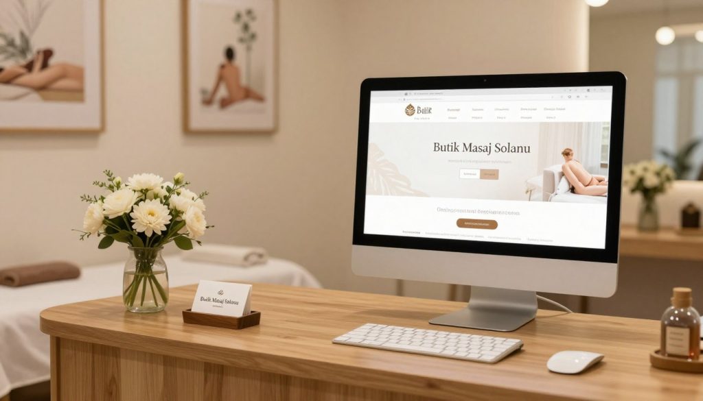 A serene and inviting massage salon reception area, highlighting the online reservation contact information. In the foreground, a stylish wooden reception desk adorned with a fresh flower arrangement and an elegant business card holder displaying the name "Butik Masaj Salonu". The middle layer features a computer screen displaying the salon's clean and user-friendly website, emphasizing easy navigation for booking appointments. Soft, warm lighting bathes the space, creating a calming atmosphere. The background includes tasteful decor, such as tranquil artwork and soft textiles, contributing to a peaceful vibe. Angled slightly for depth, this image evokes professionalism and accessibility, suitable for prospective clients seeking easy contact options. The scene is free from any text or writing elements.