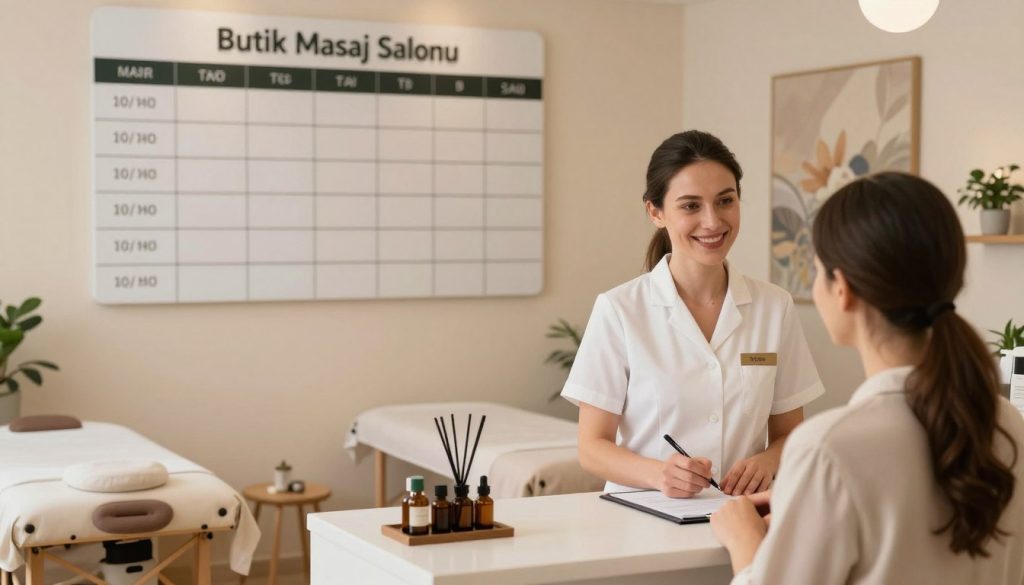 A serene and inviting massage salon scene depicting a well-organized schedule board with visible working hours and appointment slots. In the foreground, a friendly, professionally dressed receptionist is engaging with a client, showcasing a warm smile and holding a pen, ready to assist with booking an appointment. The middle of the image features a beautifully decorated space with tranquil colors, comfortable massage tables, and calming essential oil diffusers. The background presents soft, indirect lighting that enhances the peaceful atmosphere. Subtle elements like potted plants and soothing artwork add to the ambience, while a sign displaying "Butik Masaj Salonu" is elegantly placed near the entrance. The overall mood conveys relaxation and professionalism, perfect for busy clients seeking massage appointments.