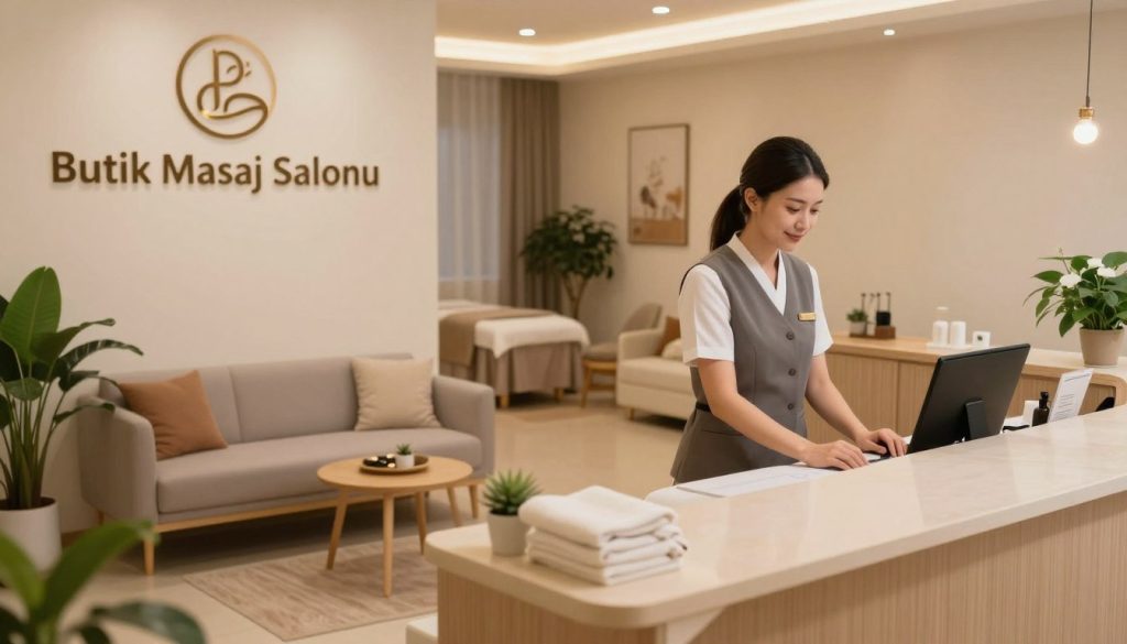 A serene and inviting massage therapy appointment process scene set in a professional massage clinic, branded with the name "Butik Masaj Salonu". The foreground features a well-organized reception area with a warm, welcoming atmosphere, showcasing a friendly receptionist in professional attire, ready to assist clients. In the middle, an elegantly designed waiting area includes comfortable seating and tranquil decor, like soft lighting and calming plants. The background highlights a glimpse of massage rooms, with soothing colors and soft ambient lighting creating a peaceful environment. The angle should be slightly elevated to capture the entire scene, emphasizing a calm and organized ambiance that reassures potential clients about the importance of solidifying appointment times and details. The overall mood is calm, professional, and inviting, encouraging self-care and relaxation.