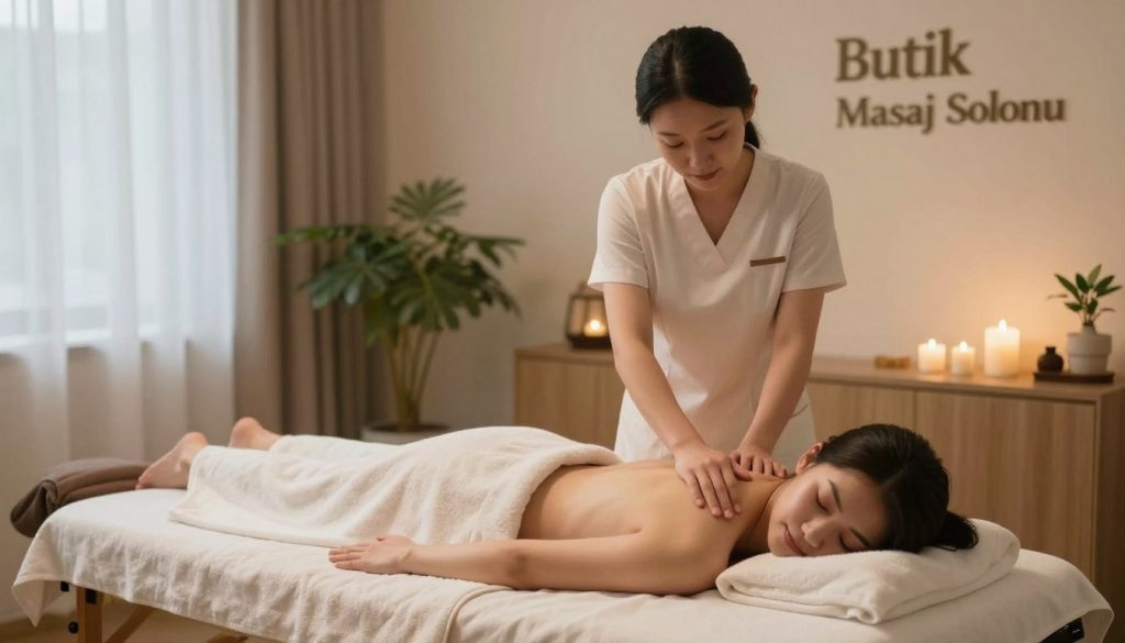 A serene and inviting massage therapy environment at "Butik Masaj Salonu" showcasing the importance of customer experiences. In the foreground, a relaxed client is comfortably lying on a massage table, draped modestly in a soft towel, with a tranquil expression. The middle features a skilled therapist in professional attire, skillfully performing a massage with gentle, precise movements, conveying care and professionalism. The background is a calming space adorned with soothing colors, ambient lighting, and nature-inspired decor, including plants and soft textiles. Warm, soft light filters through sheer curtains, creating a cozy atmosphere. The overall mood is peaceful and rejuvenating, emphasizing the connection between quality service and customer well-being.