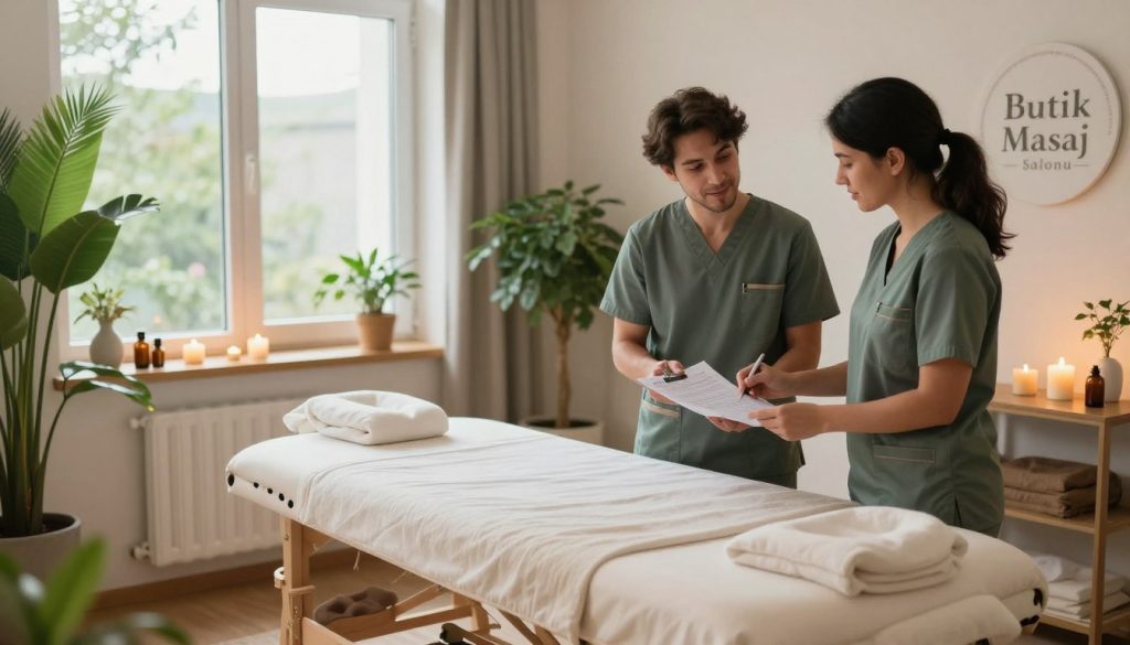 A serene and inviting massage therapy room at "Butik Masaj Salonu," showcasing skilled therapy specialists in professional attire. In the foreground, two therapists, one male and one female, are discussing treatment plans, displaying a warm and welcoming demeanor. The middle ground features a comfortable massage table adorned with soft linens, surrounded by calming elements like candles and essential oils. In the background, large windows allow natural light to filter in, illuminating lush indoor plants that enhance the tranquil atmosphere. The room is tastefully decorated with soothing colors, creating a peaceful environment ideal for relaxation and healing. Capture the essence of quality service and professional expertise in this therapeutic space, ensuring an inviting mood.