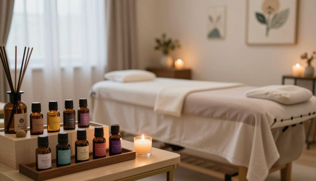 A serene and inviting massage therapy room features elegant aromatherapy equipment arranged neatly. In the foreground, a beautifully organized shelf displays essential oils in various glass bottles, labeled with calming colors. The middle ground showcases a comfortable massage table adorned with soft, neutral-toned linens, while warm candlelight casts a soothing glow. In the background, a decorative wall is adorned with calming artwork, evoking relaxation and tranquility. Soft, natural light filters through sheer curtains, enhancing the peaceful atmosphere. The scene prominently includes the logo "Butik Masaj Salonu" subtly integrated into the decor, emphasizing professionalism and care in the massage selection process. The overall mood exudes calmness and wellness, inviting viewers to immerse themselves in the massage experience.