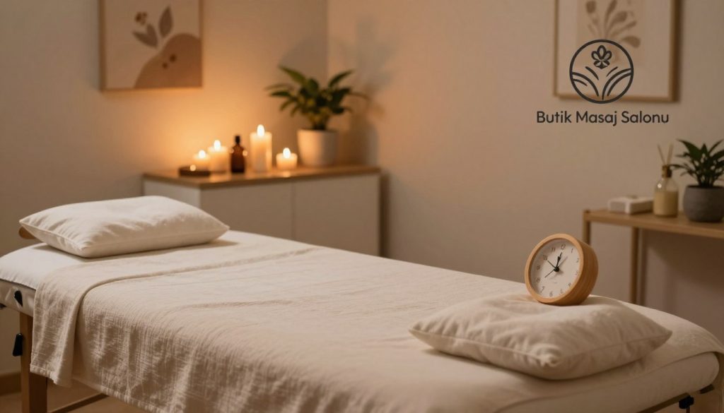 A serene and inviting massage therapy room set for a session. In the foreground, a beautifully arranged massage table with soft, neutral-toned linens and plush pillows, exuding comfort. A small wooden clock is visible, symbolizing time management. In the middle ground, a tranquil ambiance created by dim, warm lighting, with candles softly flickering on a shelf. Herbal oils and aromatherapy items are artistically placed within reach. The background features subtle decor, including soothing artwork on the walls and a potted plant adding a touch of nature. The overall mood is calm and professional, with an emphasis on relaxation and the importance of scheduling, ensuring clarity for both the therapist and the client. The logo "Butik Masaj Salonu" is tastefully incorporated in the design elements.
