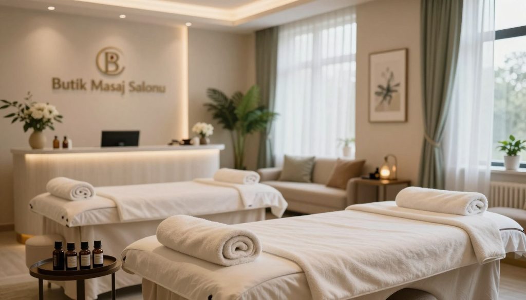 A serene and inviting professional massage salon interior, featuring calm lighting that creates a warm atmosphere. The foreground showcases a neatly arranged massage table with soft, fluffy towels and essential oils placed meticulously on a side table. In the middle, a beautifully decorated reception area is visible, with elegant plants, soothing artwork, and comfortable seating for clients. The backdrop features large windows letting in natural light, with sheer curtains gently fluttering. Subtle colors of beige and soft greens dominate, enhancing the tranquil feel. Add the brand name "Butik Masaj Salonu" elegantly on a wall, emphasizing professionalism and luxury. The scene should evoke relaxation and trust, with no people present, omitting any direct human interaction but suggesting an inviting environment.