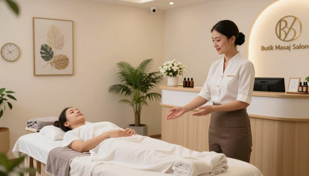 A serene and inviting scene in a modern massage salon environment, showcasing a welcoming reception area with soft lighting and elegant decor. In the foreground, a friendly receptionist in professional attire, warmly welcoming clients. In the middle ground, massage tables adorned with fresh linens and soothing essential oils, hinting at relaxation and comfort. The background features calming artwork and potted plants, creating a tranquil atmosphere. The overall mood is peaceful and reassuring, reflecting the theme of reliable massage salon platforms. The brand name "Butik Masaj Salonu" subtly integrated into the stylish decor, perhaps on a sign on the reception desk. The image is well-lit with a warm light source, emphasizing a cozy and trustworthy environment.