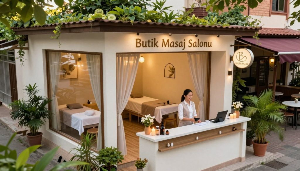 A serene and inviting scene of a local massage salon titled "Butik Masaj Salonu" situated on a quaint street with lush greenery. In the foreground, a friendly receptionist, dressed in professional attire, stands behind a welcoming reception desk adorned with calming decor such as candles and essential oils. In the middle, glimpses of peaceful treatment rooms can be seen through semi-transparent curtains, showcasing cozy tables and soft lighting, enhancing a sense of tranquility. The background features a sunny exterior of the salon, with enticing signage and a cozy patio with plants. The atmosphere is warm and relaxing, illuminated by soft, natural lighting to evoke a feeling of peace and wellness. The angle is a slight aerial view, capturing the entire scene in a vibrant neighborhood setting.