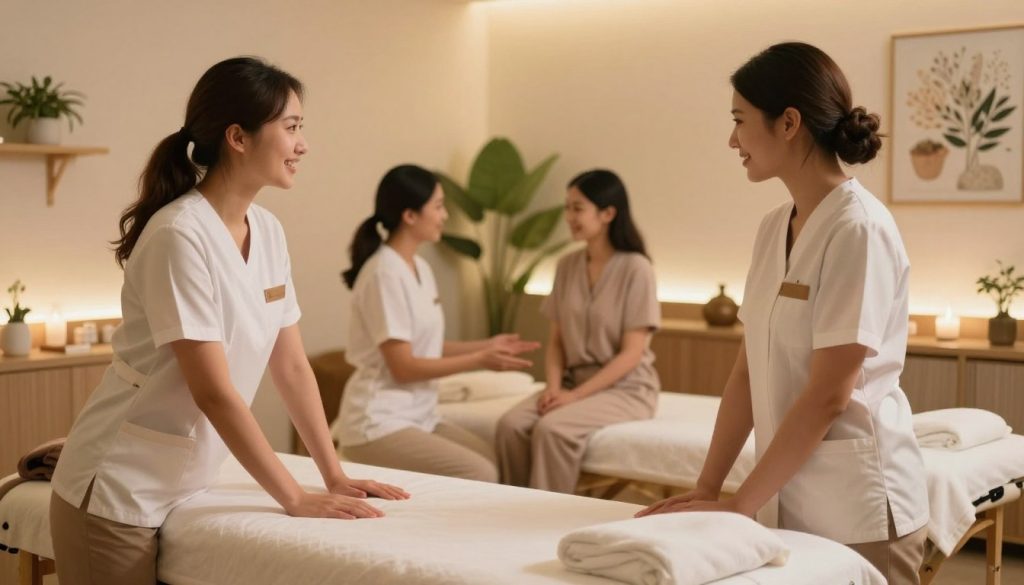 A serene and inviting spa environment featuring a diverse team of massage therapists and wellness practitioners at a "Butik Masaj Salonu". The foreground shows two therapists in professional attire, one gently preparing a massage table while the other greets clients with a warm smile. In the middle ground, a holistic specialist consults with a client, showcasing their expertise in wellness. Soft lighting casts a warm glow throughout the room, enhancing the calming atmosphere. The background reveals beautifully decorated walls with natural elements like plants and soothing artwork. The scene is captured with a soft-focus lens, conveying tranquility and professionalism, suitable for a wellness center.