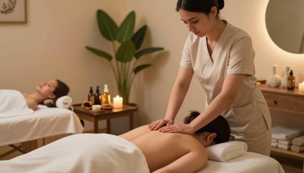 A serene and inviting spa environment showcasing a variety of therapeutic massage techniques. In the foreground, a skilled therapist, dressed in professional attire, is gently demonstrating a calm and soothing technique on a client comfortably lying on a massage table. The middle ground features an array of natural oils, massage tools, and a soft, ambient light that creates a warm atmosphere. Elegant indoor plants and calming decor enhance the tranquility in the background, with soft pillows and soothing colors that reflect relaxation. Lighting is soft and warm, simulating daylight, while the angle captures the gentle interaction between the therapist and client. Include the brand name "Butik Masaj Salonu" subtly integrated into the serene ambiance of the scene, emphasizing the importance of diverse massage types.