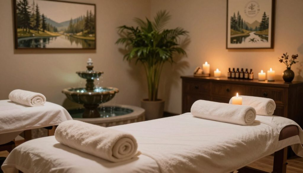 A serene and inviting traditional massage salon interior, showcasing an elegant atmosphere with soft candlelight casting warm glows across the room. In the foreground, a comfortable massage table adorned with fresh, fluffy towels and aromatic candles. The middle layer features a tranquil water fountain gently trickling, lush indoor plants, and calming artwork depicting nature. The background displays beautifully arranged elements of relaxation, including essential oils and soothing ambient lighting. The scene conveys tranquility and inviting warmth, emphasizing the contrast between curated images and reality. A subtle logo of "Butik Masaj Salonu" is included discreetly as part of the decor. Use a wide-angle lens and soft focus effect. The mood is calming and professional, ideal for conveying authenticity in massage salon experiences.