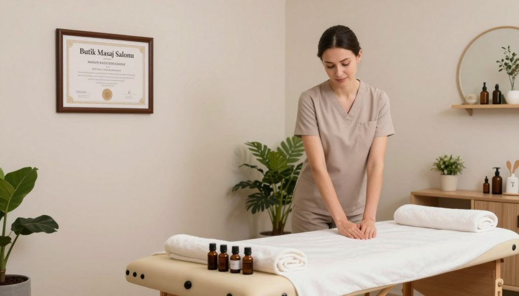 A serene and professional interior of a massage therapy studio, showcasing a wooden massage table with neatly arranged towels and essential oils in soft, natural lighting. In the foreground, a framed certificate of massage training hangs prominently on the wall, establishing a sense of credibility. In the middle, a professional masseuse in smart, modest casual attire is preparing the room, exuding confidence and dedication. The background features soothing colors, potted plants, and subtle decorations that enhance the calming atmosphere. This image captures the essence of professionalism in massage therapy, representing the core theme of "Butik Masaj Salonu" while emphasizing the importance of expertise over price. The overall mood is tranquil and inviting, perfect for promoting a professional massage environment.