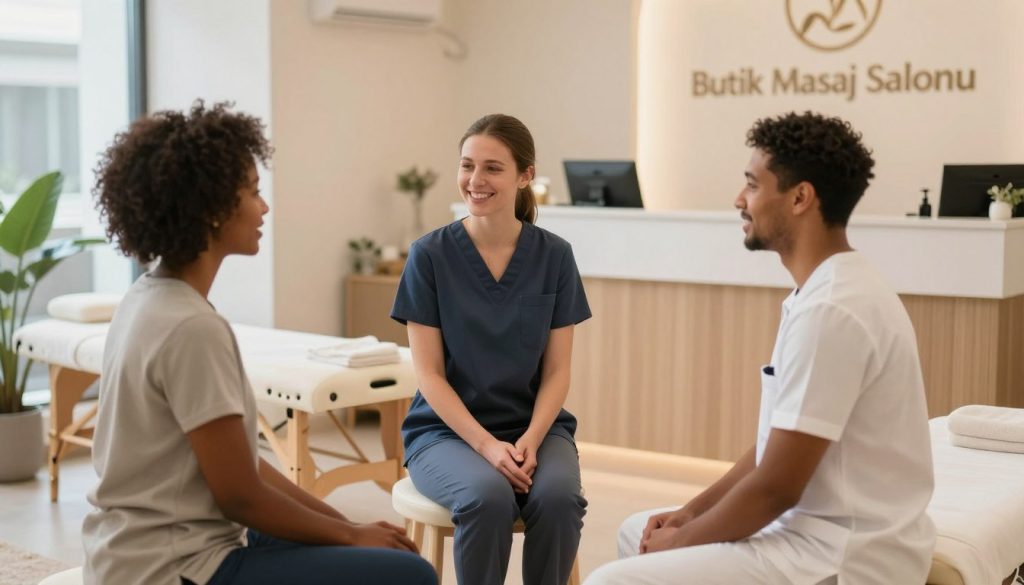 A serene and professional massage salon setting, featuring a welcoming reception area adorned with soft, natural lighting. In the foreground, two massage therapists in smart, professional attire engage in a friendly communication training session, showcasing diverse ethnic backgrounds. They are practicing active listening and positive body language while seated comfortably. The middle ground includes a stylishly decorated room with calming colors and massage tables, emphasizing the importance of effective communication. In the background, a subtle display of the salon's branding, "Butik Masaj Salonu", can be seen on the wall. The overall atmosphere is warm, inviting, and portrays a sense of collaboration and professionalism, illustrating the significance of communication training in enhancing client relationships.