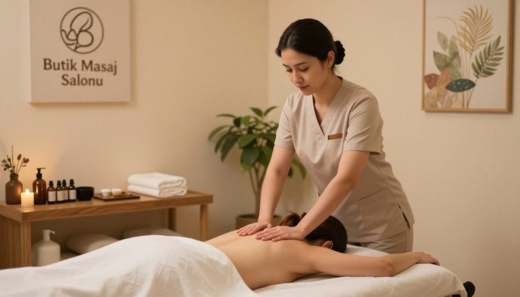 A serene and professional massage therapy room featuring a skilled massage therapist from "Butik Masaj Salonu" in the foreground, dressed in modest, professional attire. The therapist is gently guiding a relaxation technique on a massage table, surrounded by soft, warm lighting that creates an inviting atmosphere. In the middle ground, a variety of massage oils and a clean, organized workspace can be seen, emphasizing professionalism and care. The background displays calming artwork and plants, contributing to a tranquil ambiance. The overall mood is peaceful and ethical, focusing on the foundational principles of professional massage therapy, respecting boundaries and ethics. The angle captures the warmth and respect inherent in therapeutic practice without revealing any personal identifiers.