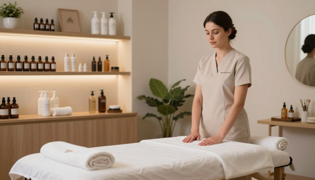 A serene and professional massage therapy setting depicting high hygiene standards. In the foreground, a massage table is neatly arranged with fresh linens and clean towels. A massage therapist, dressed in modest, professional attire, stands ready with a calm expression, emphasizing professionalism. In the middle ground, shelves display well-organized massage oils and lotions, highlighting attention to cleanliness. The background features soft, ambient lighting with soothing colors, creating a tranquil atmosphere. Natural elements like plants are present, contributing to a relaxing environment. The image embodies the essence of "Butik Masaj Salonu" as a place of serenity and trust, inviting potential clients to feel assured about their hygiene standards.