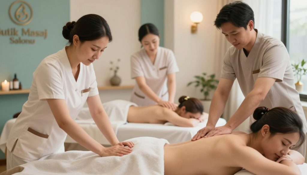 A serene and professional setting showcasing a comparison of three different massage types: classical, aromatherapy, and sports massage. In the foreground, a massage therapist in professional attire is gently performing classical massage on a client, while another therapist offers an aromatherapy session with soothing essential oils in the middle ground. To the side, a third therapist is demonstrating sports massage techniques with dynamic movements. The background features a tranquil spa environment with calming colors and soft lighting, enhancing relaxation. Use a shallow depth of field to focus on the therapists and clients, creating an intimate atmosphere. The overall mood is tranquil and professional, with the brand name "Butik Masaj Salonu" subtly incorporated into the spa decor.