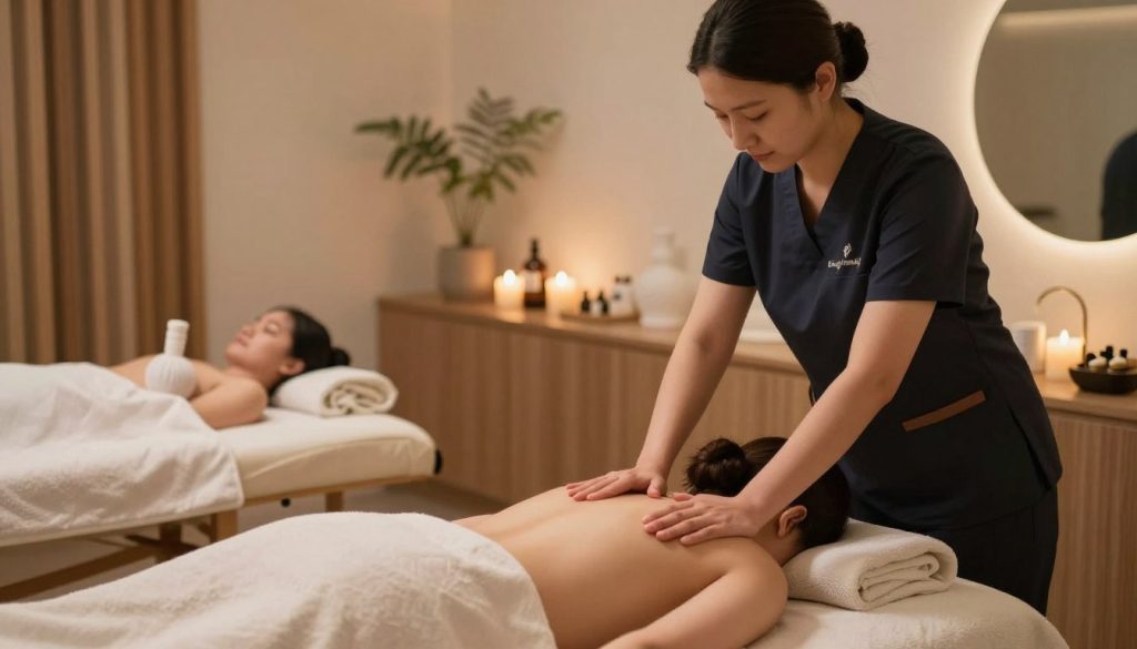 A serene and tranquil massage therapy session set in a stylish, modern spa environment. In the foreground, a professional massage therapist, dressed in smart casual attire, is applying soothing techniques on a client lying on a massage table, draped modestly with a soft towel. The middle of the image showcases elegantly arranged massage oils and aromatherapy candles, creating a relaxing atmosphere. The background features soft, ambient lighting that enhances the calming mood, with natural textures like wooden accents and plants, contributing to a zen-like vibe. The scene should embody a sense of professionalism and relaxation, reflecting the brand "Butik Masaj Salonu," without any text or inscriptions, inviting viewers to appreciate the importance of choosing the right massage therapy session.