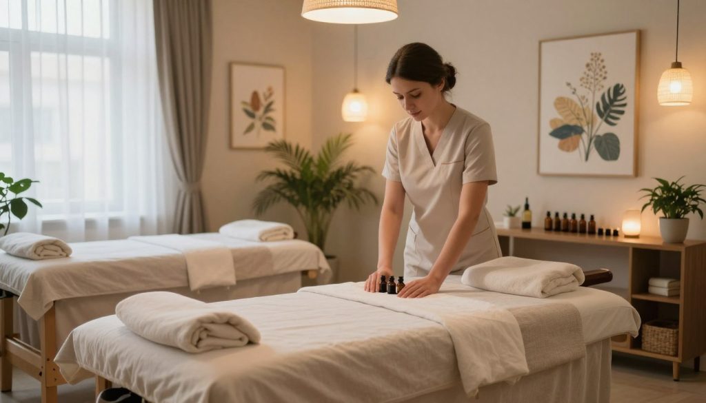 A serene and welcoming interior of "Butik Masaj Salonu" in Üsküdar, showcasing therapeutic massage treatment spaces. The foreground features a cozy massage table adorned with soft, calming linens and essential oils arranged neatly. In the middle, a professional massage therapist, dressed in modest, professional attire, is gently preparing the room, adding a tranquil ambiance. The background reveals warm, soft lighting from pendant lamps and natural light filtering through sheer curtains, illuminating a relaxing space with plants and calming artwork on the walls. The overall atmosphere is peaceful and inviting, ideal for relaxation and rejuvenation, emphasizing holistic wellness in a chic urban setting.