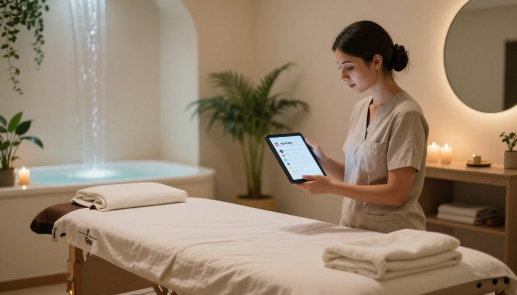 A serene and welcoming massage salon interior, showcasing the essence of "Butik Masaj Salonu." In the foreground, a comfortable massage table is adorned with soft linens and aromatic candles, creating a tranquil atmosphere. In the middle, a skilled therapist in modest casual clothing thoughtfully reviews client feedback on a tablet, highlighting the importance of reliable review platforms. The background features soothing decor, such as delicate plants and a gentle waterfall, with soft lighting casting a warm, inviting glow throughout the space. The scene conveys a sense of trust and professionalism, emphasizing the significance of credible sources for massage salon reviews and creating a calming mood.