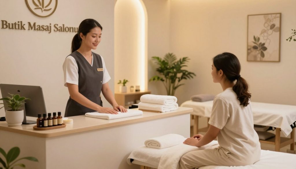 A serene and welcoming massage therapy center scene, showcasing high hygiene standards. In the foreground, a neatly arranged reception desk with a friendly staff member in professional attire, helping a customer. In the middle, soft towels and essential oils are displayed on a clean treatment area, with a massage table draped in fresh linens. The background includes warm, ambient lighting that creates a calming atmosphere, with soothing plants and art on the walls, enhancing relaxation. The brand name "Butik Masaj Salonu" appears subtly on a sign at the reception. The overall mood is tranquil and inviting, emphasizing cleanliness and professionalism in a modern spa setting.