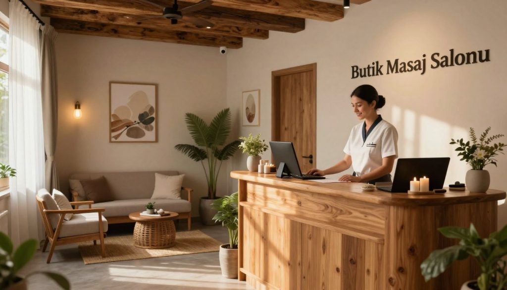 A serene and welcoming scene of a rustic massage salon reception area titled "Butik Masaj Salonu." In the foreground, a sleek wooden reception desk with a friendly staff member in professional attire, ready to assist clients. In the middle, a cozy waiting area featuring comfortable chairs and soft, natural decor, such as plants and soothing artwork. The background showcases calming spa elements, like a softly lit massage room with ambient lighting and relaxing colors. Warm sunlight filters through sheer curtains, creating a tranquil atmosphere. The overall mood radiates relaxation and professionalism, inviting potential clients to unwind while scheduling their weekend appointments.