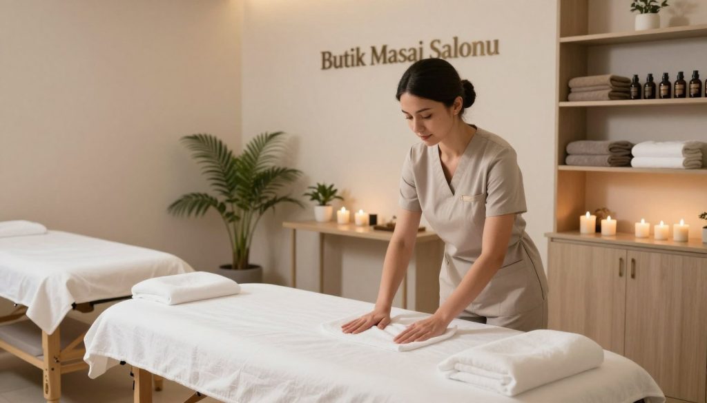 A serene and well-organized massage salon reflecting effective cleanliness protocols. In the foreground, a professional staff member in modest casual attire meticulously cleans a massage table with fresh linens, embodying hygiene practices. The middle of the image features a spacious therapy room adorned with soft, neutral tones, aromatic candles, and potted plants, promoting tranquility. In the background, neatly arranged shelves hold neatly stacked towels and massage oils. Soft, warm lighting envelops the space, enhancing the calming atmosphere. The focal point is a sign reading “Butik Masaj Salonu” elegantly displayed on the wall. The overall mood is one of professionalism and serenity, ideal for illustrating hygiene standards in massage salons.