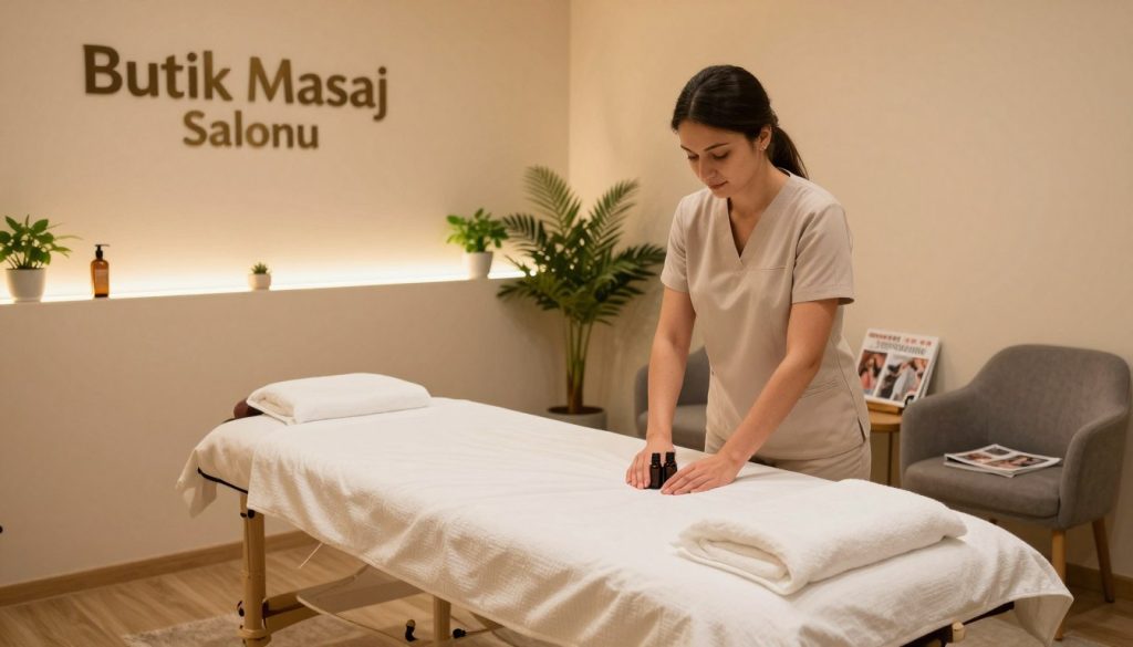 A serene interior of a budget massage salon named "Butik Masaj Salonu", showcasing a relaxing atmosphere. In the foreground, a professional masseuse in modest attire prepares a massage table with fresh linens and essential oils. The middle layer features calming decor elements like soft lighting, plants, and soothing colors on the walls, indicating cleanliness and professionalism. In the background, a waiting area with comfortable chairs and magazines adds to the ambiance. The scene is lit with warm, diffused light, creating a welcoming and safe environment. Capture the essence of thoughtful selection in affordable massage services, highlighting both comfort and caution. The perspective is slightly angled to provide depth, emphasizing the inviting nature of the salon.