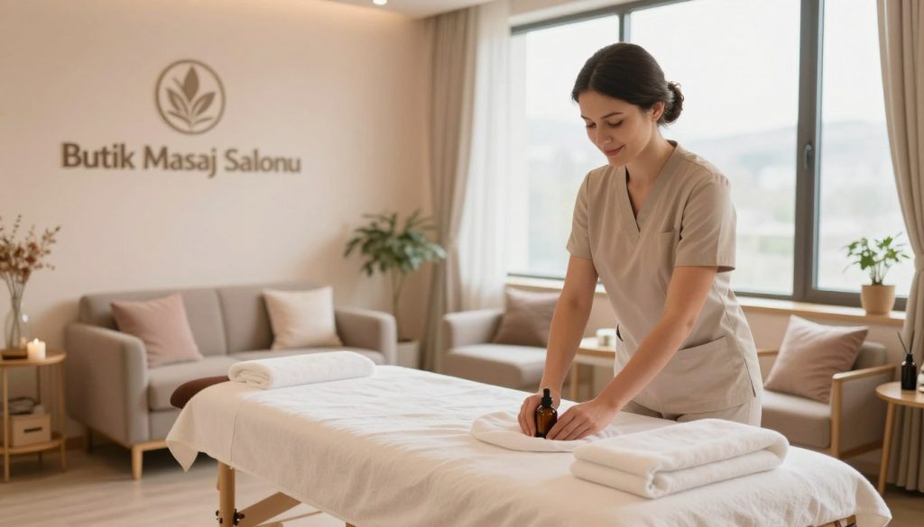 A serene interior of a massage salon, featuring a cozy treatment room adorned with soft lighting and calming colors. In the foreground, a friendly therapist in modest, professional attire prepares a massage table with soothing towels and oils. In the middle ground, a consultation area with comfortable seating and gentle décor reflects a welcoming atmosphere for clients to discuss personal preferences. The background showcases large windows allowing natural light to flood the space, enhancing the tranquil vibe. The brand name "Butik Masaj Salonu" is subtly incorporated in the room design, emphasizing quality and professionalism. The overall mood is relaxing and inviting, capturing the essence of personal choice in selecting massage therapy services.