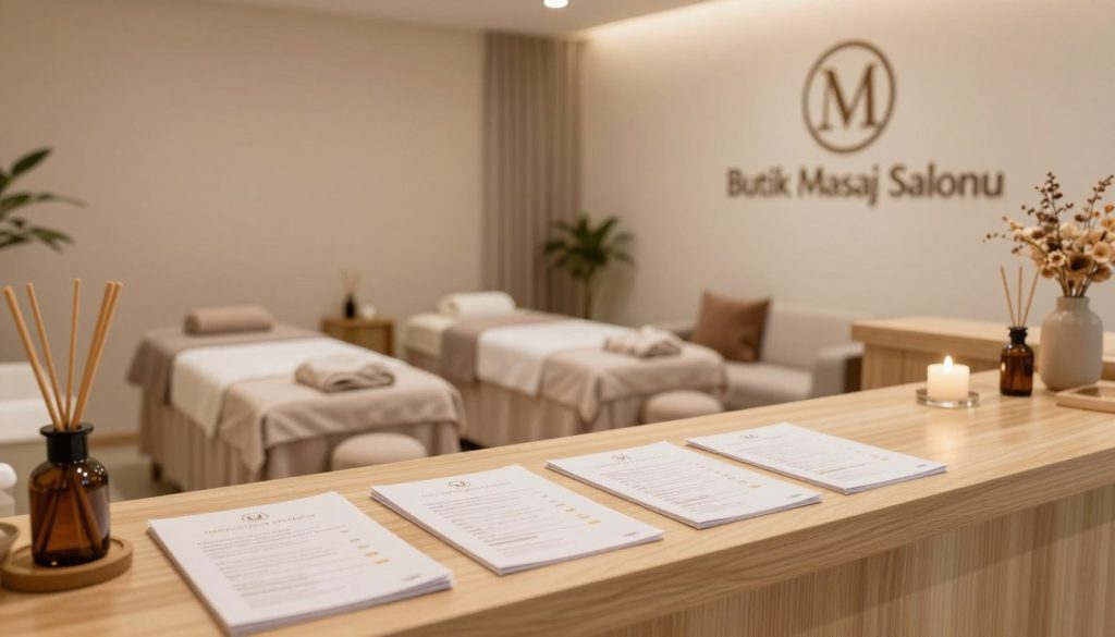 A serene interior of a massage salon with a modern, elegant design, showcasing a reception area. In the foreground, an inviting reception desk made of light wood adorned with well-organized pamphlets about massage services and reliability ratings. In the middle, there are soothing elements like mood lighting, essential oil diffusers, and plush seating, accentuating a calming atmosphere. Background features clean, softly lit massage rooms with warm colors and soft fabrics, inviting relaxation. The salon is tastefully branded with the logo "Butik Masaj Salonu" prominently displayed on the wall. The image is captured with a soft focus lens to enhance the tranquil ambiance, with natural lighting creating a peaceful and welcoming mood.