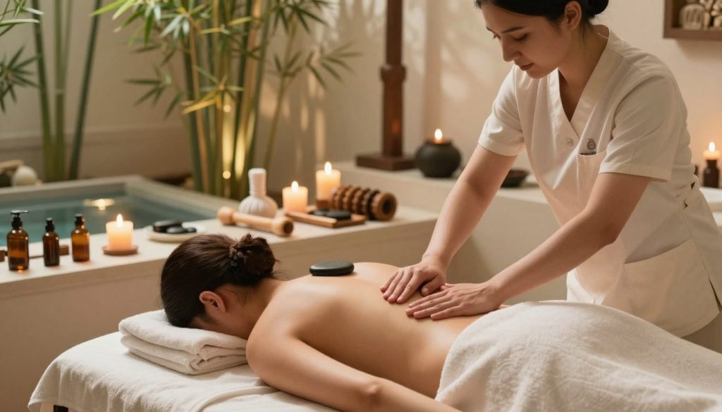 A serene, inviting spa scene showcasing various massage types and their benefits. In the foreground, a skilled therapist in professional attire demonstrates a relaxing Swedish massage on a client lying on a massage table, surrounded by soft towels and soothing oils. The middle ground features an assortment of massage tools like stones, wooden rollers, and aromatherapy candles, representing different modalities such as deep tissue and hot stone massages. The background reveals a tranquil spa environment with bamboo plants, soft lighting, and calming water features. The overall mood is peaceful and rejuvenating, with warm, natural light casting gentle shadows. The brand name "Butik Masaj Salonu" is subtly implied in the elegant decor.