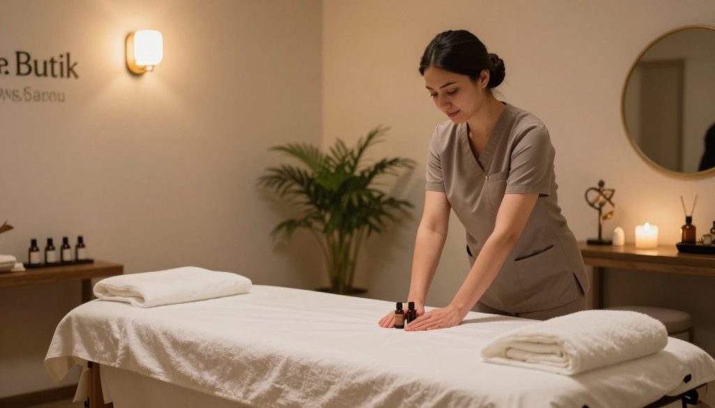 A serene massage room scene at "Butik Masaj Salonu," featuring a professional massage therapist in modest attire preparing for a personalized massage session. In the foreground, a massage table is neatly arranged with clean linens and essential oils artfully displayed. The middle ground showcases a tranquil ambiance, with soft, warm lighting from overhead fixtures creating a calming atmosphere. A soothing background includes indoor plants and gentle decorative elements hinting at relaxation and wellness. The therapist is arranging the atmosphere with care, demonstrating a dedication to client expectations for comfort and professionalism. The lens captures a slightly elevated angle to emphasize the cozy space, ensuring a feeling of safety and serenity in the setting.