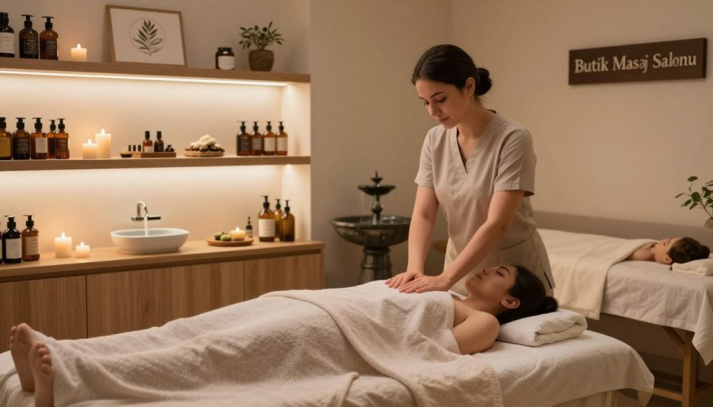 A serene spa and massage salon environment showcasing a wide variety of treatment options. In the foreground, a professional massage therapist in modest attire demonstrates a soothing massage technique on a client lying on a massage table, enveloped in soft, neutral-toned linens. The middle ground features elegantly arranged shelves displaying various massage oils, candles, and herbal products. A tranquil water fountain adds a calming element. In the background, softly lit treatment rooms are visible, hinting at diverse services such as aromatherapy, reflexology, and facials. The lighting is warm and inviting, creating a peaceful atmosphere. A tasteful sign reads “Butik Masaj Salonu,” emphasizing the salon's branding. The overall mood is relaxed and rejuvenating, perfect for showcasing the diversity of services offered in a wellness setting.