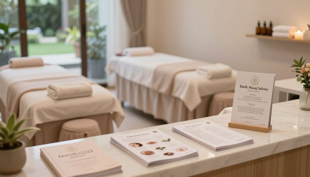 A serene spa center showcasing discounted massage packages. In the foreground, a beautifully arranged reception desk at "Butik Masaj Salonu" with elegant brochures detailing various massage options. In the middle ground, soft ambient lighting creates a calming atmosphere, featuring comfortable massage rooms with plush treatment tables draped in gentle fabrics. Towels and aromatic oils are neatly arranged on shelves nearby. The background reveals large windows allowing natural light to filter through, revealing a lush outdoor garden. The colors are soft pastel tones, enhancing the peaceful vibe. The overall mood is tranquil and inviting, representing the allure of affordable spa alternatives while subtly conveying the need for thoughtful choices in wellness experiences.