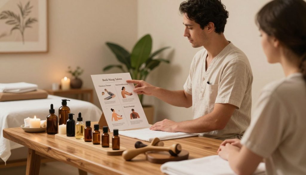 A serene spa environment showcasing a holistic massage therapy selection guide. In the foreground, an elegant wooden table displays various massage oils and tools, arranged aesthetically. In the middle ground, a professional therapist in modest casual clothing consults a client, pointing to a beautifully illustrated chart of different massage types: classical, aromatherapy, and sports massage. The background features soft, ambient lighting with calming earth tones, plants, and calming artwork, creating a tranquil atmosphere. The scene conveys a mood of relaxation and wellness, symbolizing the journey toward finding the right massage type. Clearly visible is the brand name "Butik Masaj Salonu," subtly integrated into the decor. Use soft focus with a warm color palette, capturing the essence of holistic health and wellness.