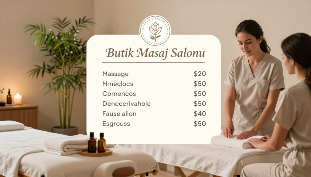 A serene spa environment showcasing a massage price comparison. In the foreground, two elegant massage tables with neatly arranged towels and essential oils, symbolizing professionalism and care. In the middle ground, a stylized price list displayed in a sophisticated way, using tasteful graphics with a touch of greenery like potted bamboo or lavender, suggesting tranquility. The background features soft lighting, with warm tones that create a relaxing ambiance. A professional therapist, dressed in modest casual attire, is depicted discussing with a client over the price list, emphasizing the need for quality and value. The overall atmosphere is calm and inviting, capturing the essence of the "Butik Masaj Salonu" brand.